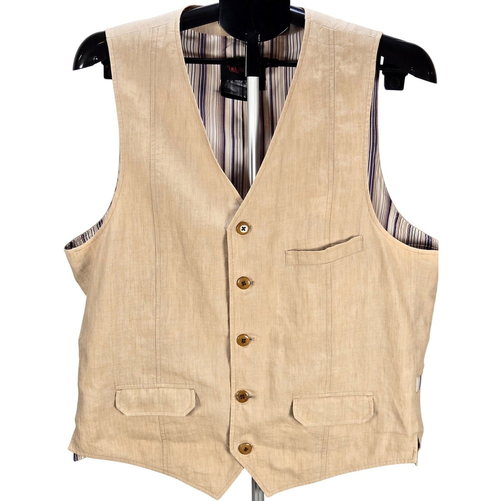 Men's Di Quattro Large Tan 100% Linen V-Neck 5-Button Waistcoat Vest Heritage